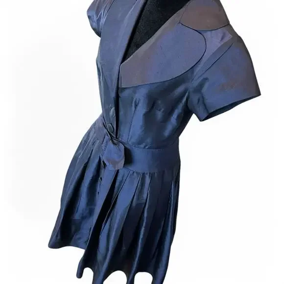 Teri Jon Navy Blue Structured Belted Silk Dress Rockabilly Wedding Guest Size 4 - Picture 3 of 12